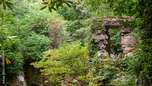 Remains of a stone arch in a natural park.