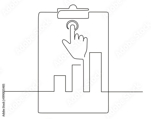 continuous line drawing of a clipboard, bar graph, and hand pressing a button. planning, and goal achievement. analysis, performance monitoring, and business or financial growth. end targets, success,