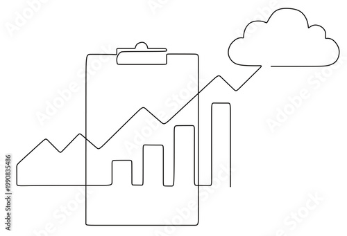 continuous line drawing of a bar graph, clipboard and cloud. planning, and goal achievement. analysis, performance monitoring, and business or financial growth. end targets, success, and hard work