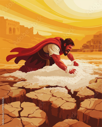 Biblical Samson Defeating Enemy in Desert, Powerful Hero Breaking Ground with Strength, Dramatic Ancient Vector Illustration