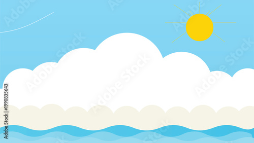 Cartoon of a sunny day with clouds and sea
