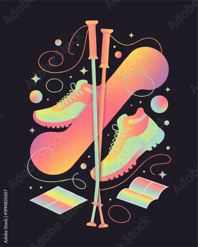 Colorful hiking gear illustration with trekking poles, boots, socks and maps in vibrant gradient style on dark background