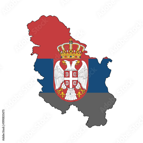 Serbia map outline filled with national flag and coat of arms