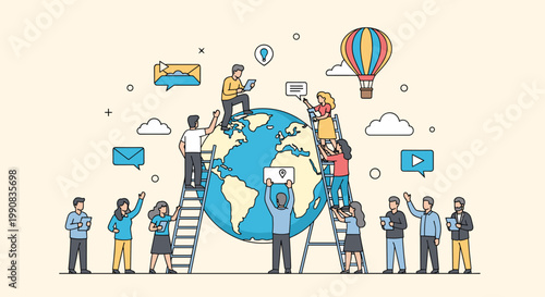 Large group of tiny people working together around a giant world globe to represent global networking, technology, and international trade.