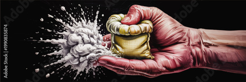 Hand squeezing cloth with dramatic milk splash on black background, conceptual illustration of cleaning, pressure, mess and hygiene