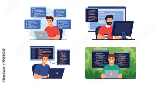 Four different scenes showing a man focused on software development and coding with various floating windows of code on screen.