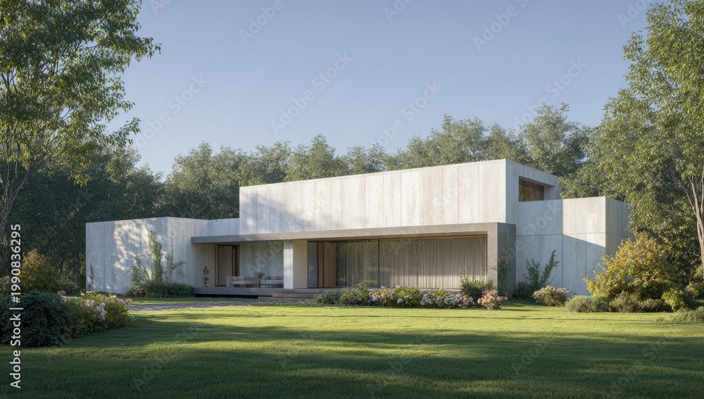 Fototapeta premium Modern concrete home with large windows and lawn set within a lush green forest on a sunny day