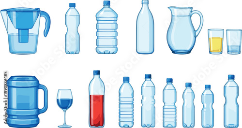Set of water containers with plastic bottles filter pitcher glass jug and blue cooler gallon isolated on white background vector illustration