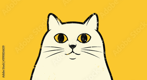 Close up portrait of a large white cat with yellow eyes and a friendly expression set against a bright yellow background.