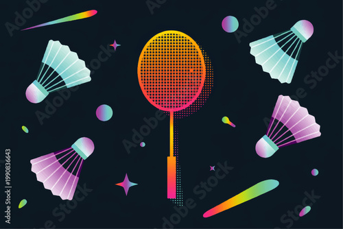Colorful badminton racket and shuttlecocks in neon gradient vector pattern on dark background, sporty retro illustration