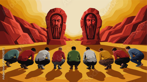 Group of kneeling worshippers before giant ancient stone idols in desert canyon, spiritual ritual illustration at sunset