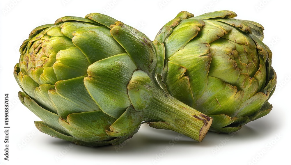 Fototapeta premium Two green artichokes, tightly furled, with distinct stems and leafy outer layers