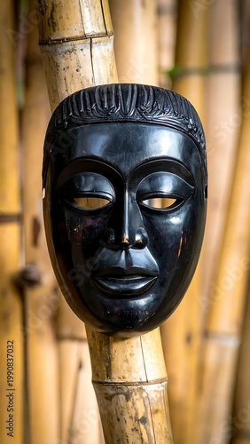 Traditional Black Carved Wooden Mask With Serene Expression Hanging On A Natural Bamboo Pole In An Outdoor Tropical Setting
