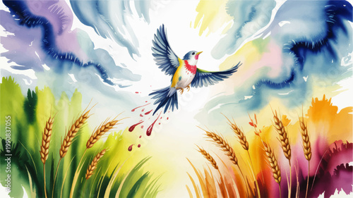 Watercolor illustration of wounded songbird flying above wheat field with dramatic sky, nature concept, colorful expressive art