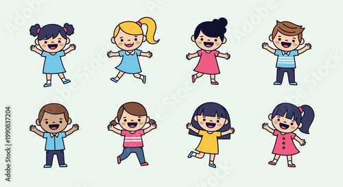 Set of eight diverse cartoon children characters with different hairstyles and outfits standing and waving their hands happily.