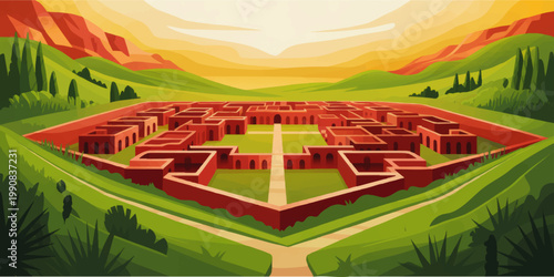 Ancient adobe archaeological complex in green valley with red mountains at sunset, panoramic vector landscape illustration