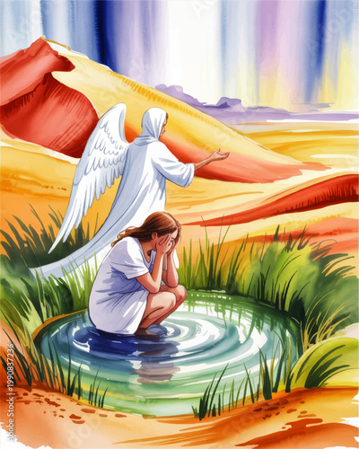Spiritual watercolor illustration of angel comforting praying woman in desert oasis, faith, hope, healing and divine guidance