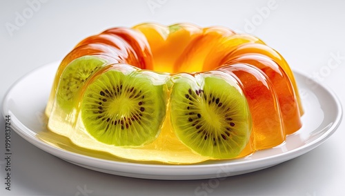 Vibrant jelly dessert with kiwi slices and amber orange sections