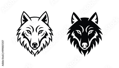 Wolf head icon set featuring intense and fierce gaze in linear and solid vector style for sports team branding or outdoor adventure apparel logos