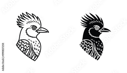 Crested bird head portrait icon for avian studies and nature conservation branding in professional vector line art and solid black silhouette style with detailed feather texture and sharp beak