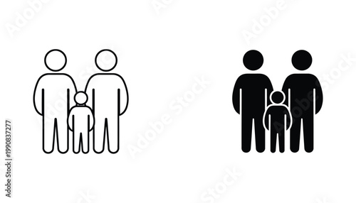 Family group icon set featuring two parents and child in linear and solid vector style for social services or parenting support applications