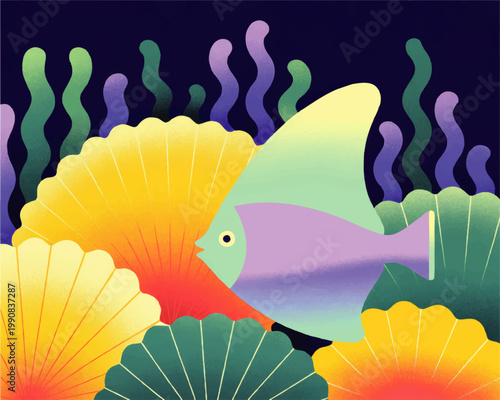 Colorful tropical fish swimming among seashells and seaweed in dreamy underwater illustration with vibrant pastel marine design