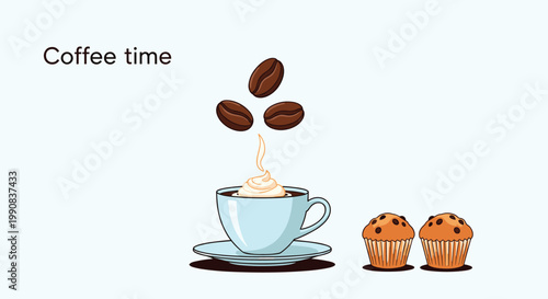 Coffee time graphic featuring blue cup with cream three coffee beans falling into it and two chocolate chip muffins on side.
