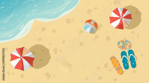 Beach top view in paper style concept with 3 umbrellas, balls, swimming rings, skateboards, sandals and the sea. - Flat Vector