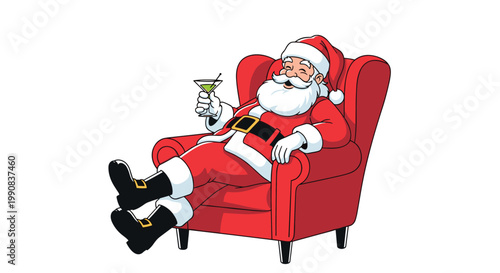 Jolly santa claus relaxing in large red armchair and holding a cocktail drink with a smile during his christmas vacation time.