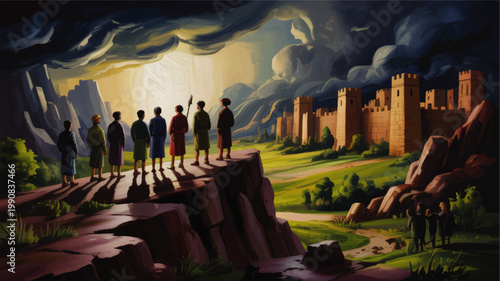 Ancient city under dramatic storm clouds with travelers on rocky cliff, biblical fantasy landscape painting at dawn