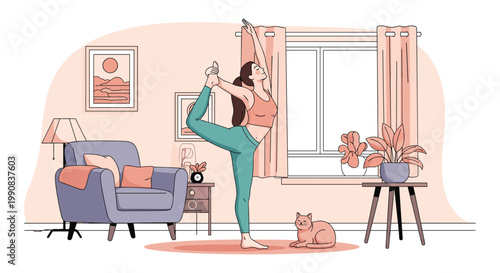 Young woman practicing yoga in a beautiful living room interior with a cat nearby and sunlight coming through window.