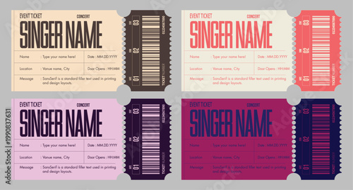 Editable Concert Event Ticket Template, Modern Party Pass Design with Singer Name, Attendee Details, Date, Time, Location, Venue Information, Different Color Themes, Placeholder and Barcode Designs