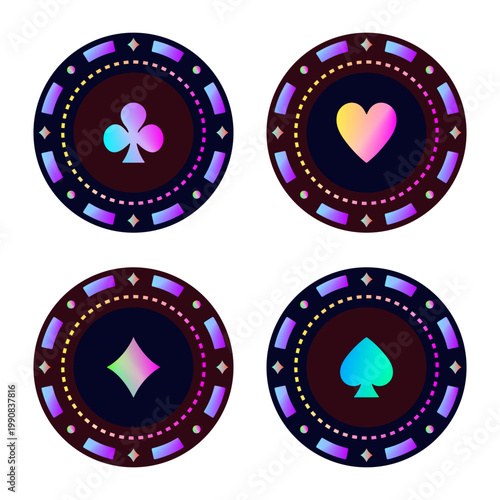Neon round poker chips with different card suits, luminescent gradient vector set of four casino items for gambling