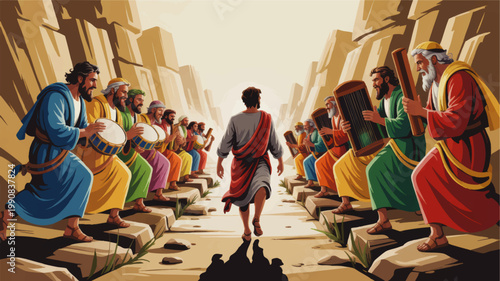 Biblical Worship Procession in Desert Canyon with Musicians, Drums and Harps, Spiritual Celebration Illustration Scene