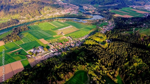 aerial river valley at golden hour