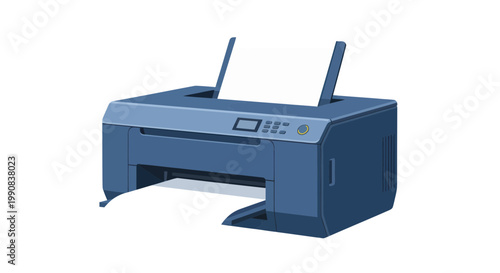 Modern Office Printer with Paper on White Background