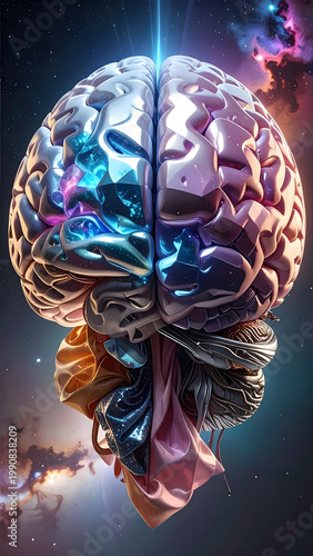 Diverse Minds: Human brain shape mixed material glass metal fabric diversity creative reflective thoughtful colorful abstract mind composition