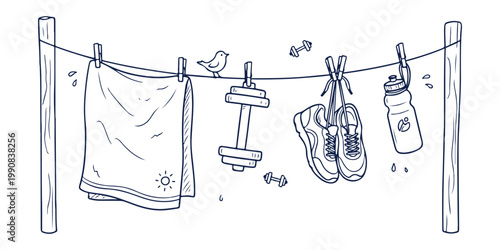 A simple clothesline displays workout gear a towel and a small bird