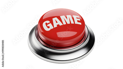A glossy red button with the word GAME is prominently displayed on a sleek metallic base against a dark background