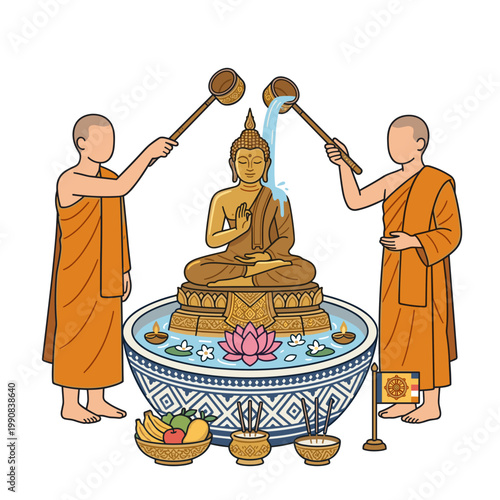 Monks performing ritual bathing buddha statue with water in decorative bowl spiritual ceremony concept
