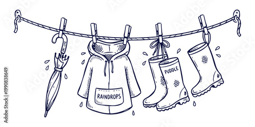 A hand drawn illustration depicts rainy day clothing hanging on a clothesline