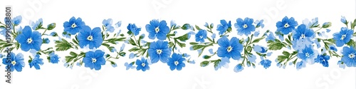 A delicate watercolor border of vibrant blue flowers and green leaves
