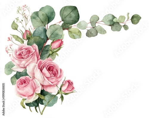 Delicate pink roses and eucalyptus leaves arranged in a corner