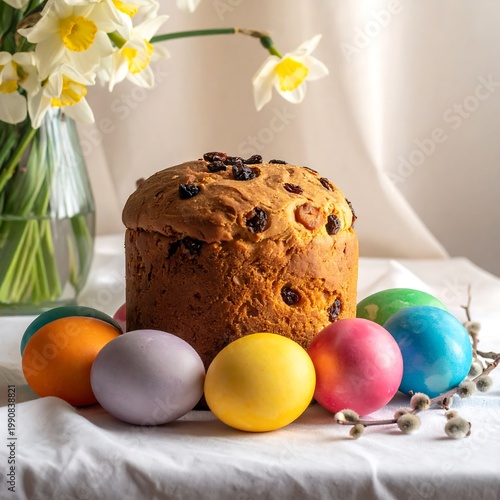 Traditional Easter Cake With Raisins Surrounded Colorful Painted Eggs And Spring Daffodils On White Tablecloth