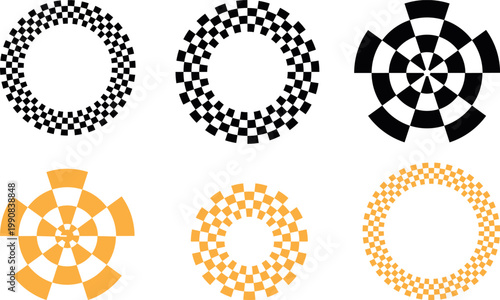 Checkerboard round race flag. Circle frame with checkered pattern