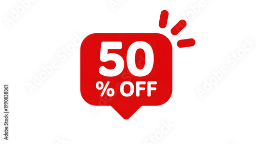 A red 50 percent off discount graphic with a notification symbol on a black background