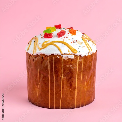 Traditional Easter Cake With White Icing And Colorful Candied Fruit On Pink Background Festive Sweet Bread With Sugar Glaze And Sprinkles