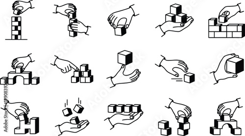 Set of icons showing hands interacting with building blocks