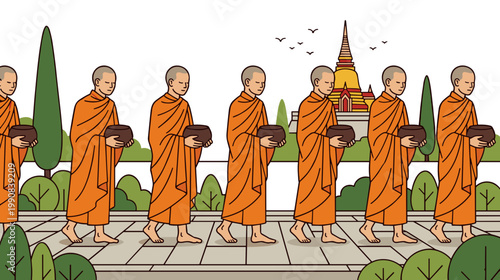 Line of buddhist monks walking with bowls in procession near temple calm spiritual tradition concept
