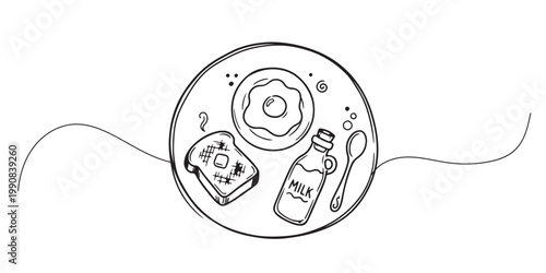 A simple line drawing depicts a breakfast plate with egg toast and milk